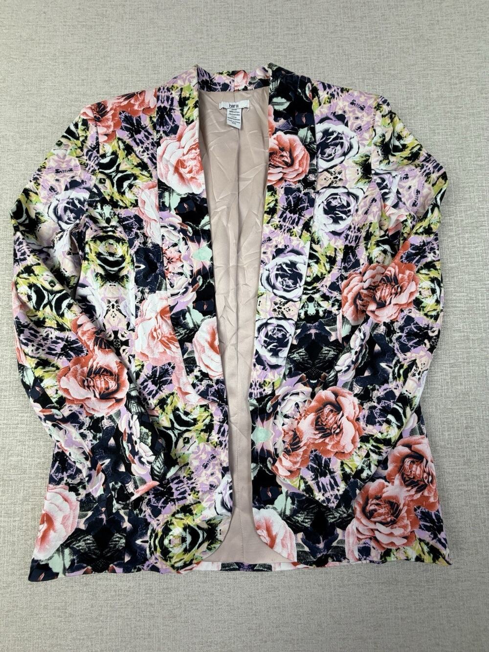 Bar III Women’s XS Floral Open Front Blazer Jacket Stretch Pink Black